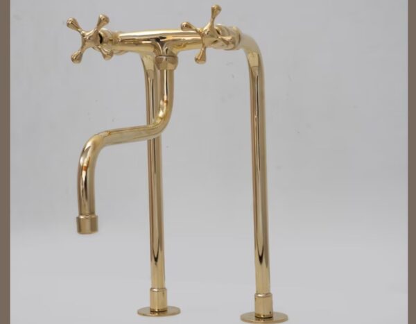 Unlacquered brass pot filler with long legs for practical use