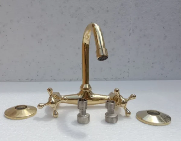 Elegant wall-mounted brass bridge kitchen faucet with traditional appeal - Image 2