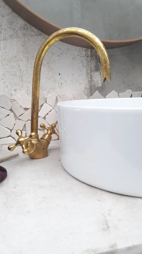 Unlacquered brass gooseneck faucet with hand-engraved detailing - Image 5